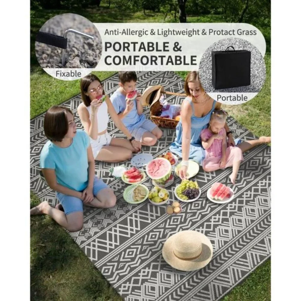 New 6x9 Waterproof Outdoor Rug, Reversible Boho Plastic Straw Patio Carpet